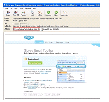 Websense安全警告：垃圾邮件又出新招 “Skype Outlook工具条”被利用