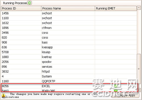 在“Running Processes”Running EMET列表里面看到受保护的程序会有一个绿色的小图标。 